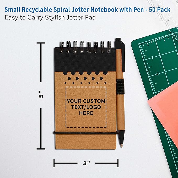 DISCOUNT PROMOS 50 Recyclable Spiral Small Notebooks Pack - Customizable Text, Logo - 60 Lined Pages - Black