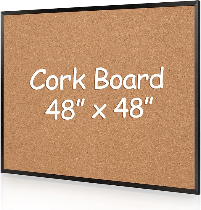 Board2by Extra Large Cork Bulletin Board 48" X 48", Black Wood Framed 4'x4' Corkboard for Wall, Wall Mounted Notice Pin Board with 18 Push Pins for School, Home & Office