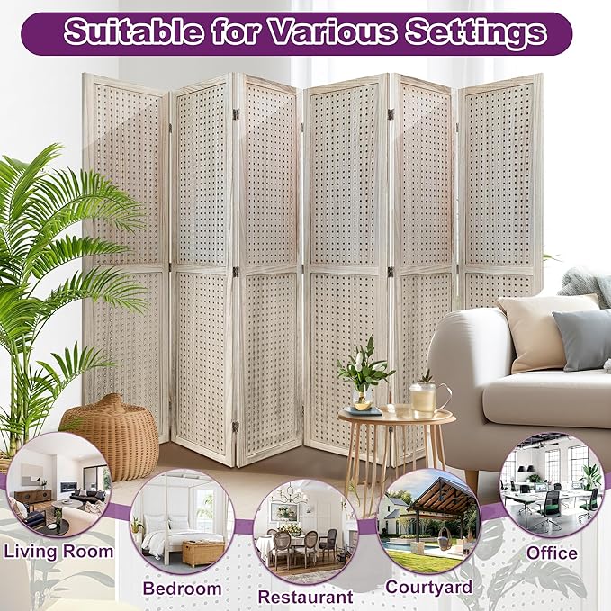 Room Divider, 5.6FT Folding Room Divider Panel, 6 Panel Pegboard Display Wood Partition Wall Divider for Room Separation& Craft Shows, Natural Wood