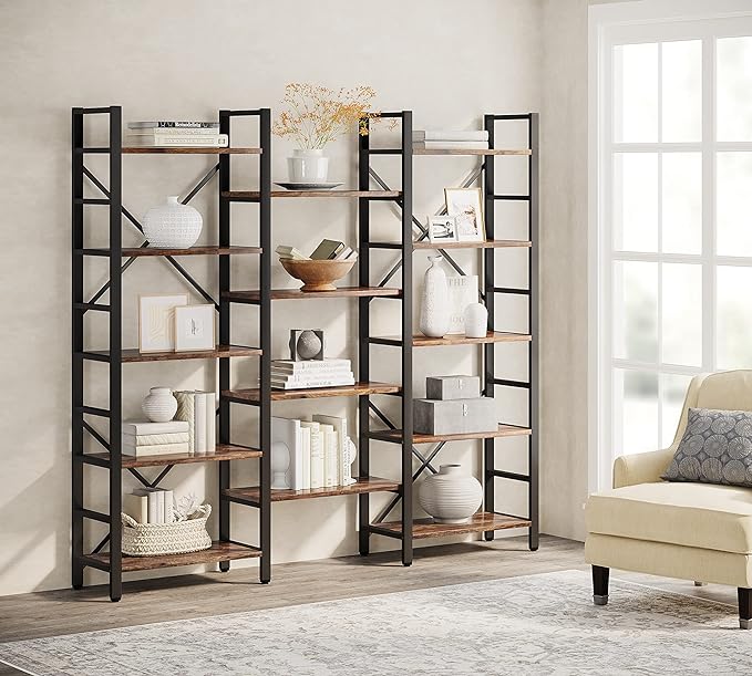 Tribesigns Triple Wide 5-Shelf Bookcase, Etagere Large Open Bookshelf Vintage Industrial Style Shelves Wood and Metal bookcases Furniture for Home & Office, 70 inch