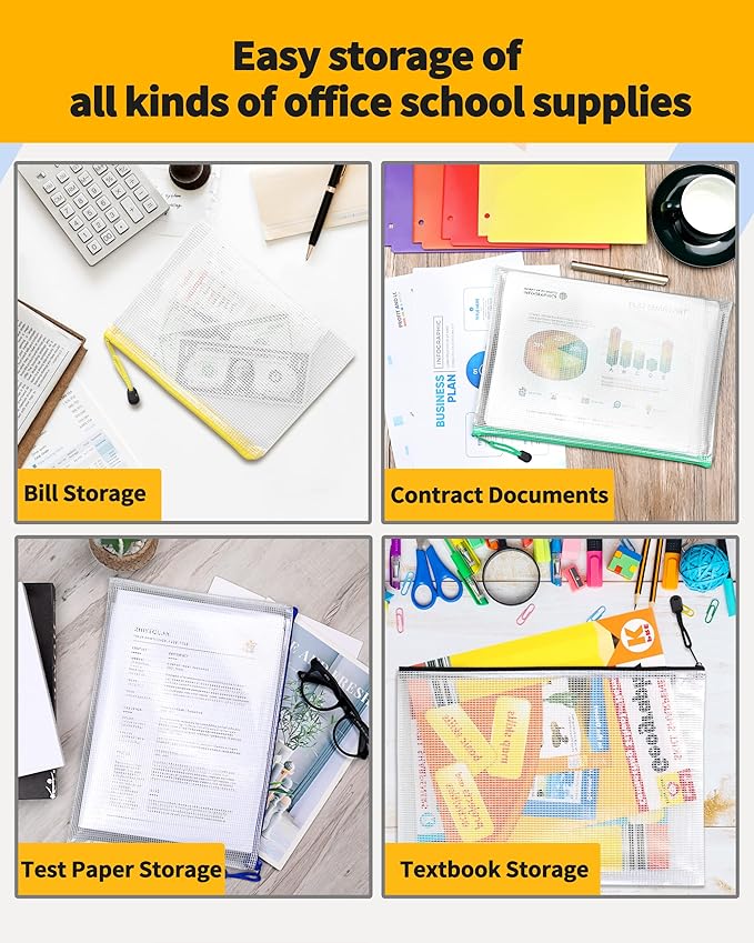 SUNEE Plastic Mesh Zipper Pouch 10x14 in (9 Colors, 18 Packs),Extra Large Water-Resistant Zip Bag for School Office Supplies, Puzzles & Games Organizing Storage