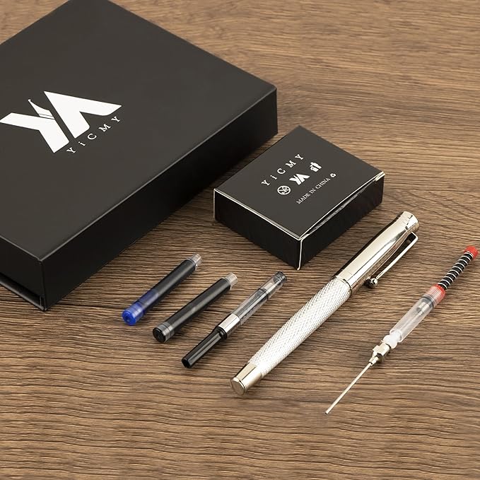 Fancy Fountain Pen Set – Fine & Medium Nibs, Includes 18 Ink Cartridges, Ink Converter, Syringe Filler, Luxury Gift for Writing, Journaling & Calligraphy,Silvery