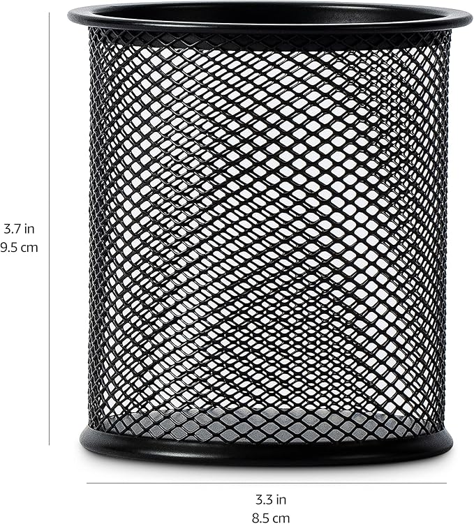 Amazon Basics Wire Mesh Pen Cup, Office Caddy Storage, Black, 3.7" x 3.3"