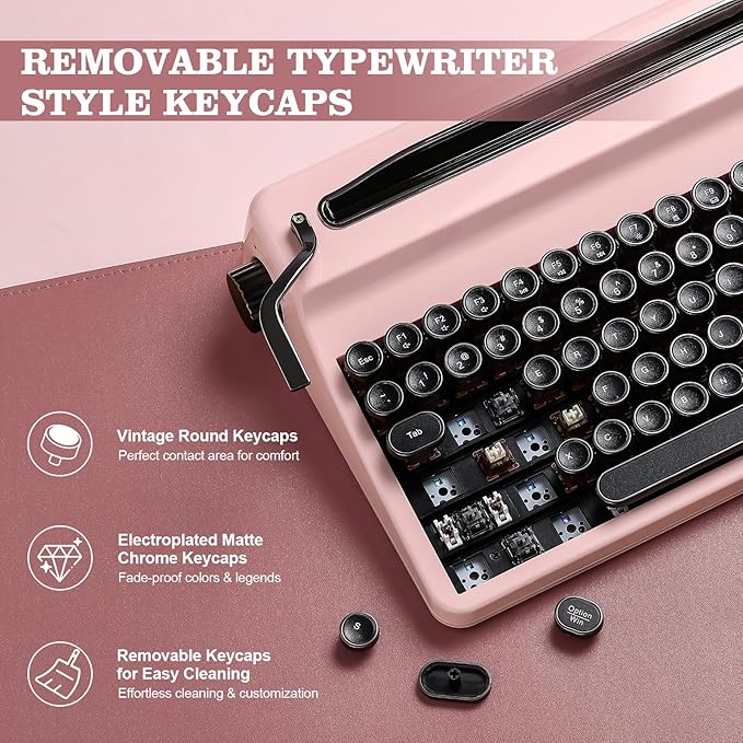 YUNZII QL75 Wireless Typewriter Hot Swap Retro Mechanical Keyboard,Punk Round Keycaps,RGB Backlit QMK/VIA Programmable,Multi-Device Keyboard with 2.4GHz/Type-C/BT5.0 (Pink, Cocoa Cream V2 Switch)
