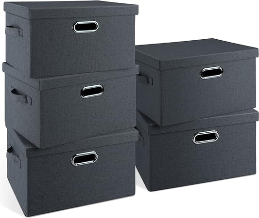 Medium 15" 21 Quart Collapsible Stackable Storage Bins with Lids, 5 Packs Dark Gray Foldable Fabric Closet Storage Boxes with Lids, Lidded Heavy-duty Linen Baskets(15x11x8)