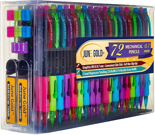 June Gold 72 Mechanical Pencils, 0.7 mm HB Lead, 2 Lead Dispensers with 220 Refills & 16 Erasers, Break Resistant, Convenient Side Click & Soft Non-Slip Grip