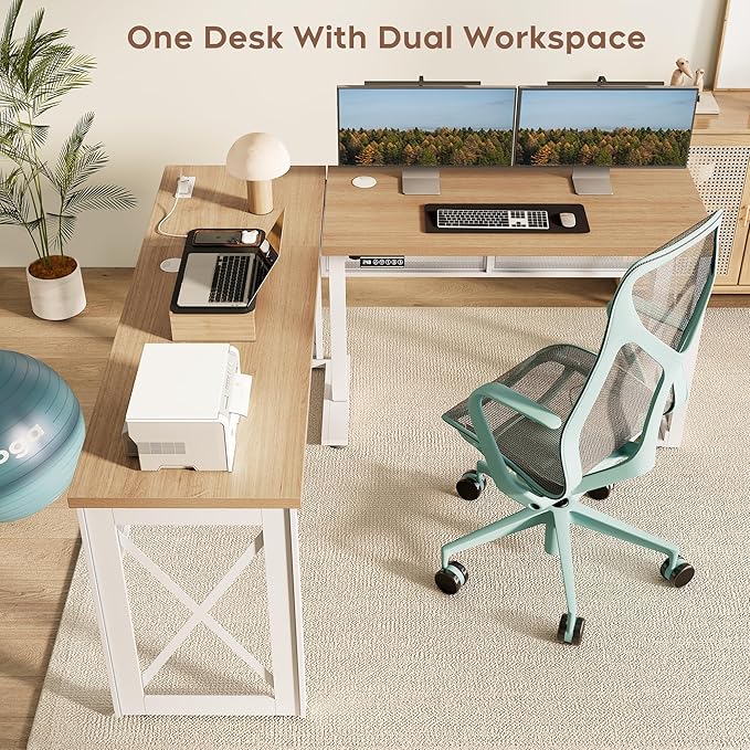 Yechen L Shape Standing Desk, Electric Corner Desk Height Adjustable, 61x60 Computer Desk with 4-in-1 Outlet, for Work Home Office, Livestreaming, Gaming, Natural Oak