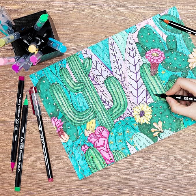 ParKoo Watercolor Brush Pens, 24 Colors Flexible Real Nylon Brush Tip Pens for Watercolor Painting, 1 Blending Brush, Paint Markers for Artists and Beginner Painters Coloring Books, Calligraphy