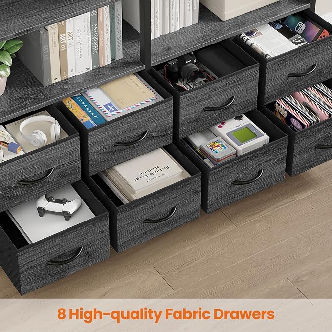 Bookshelf with 8 Fabric Drawers, 7-Tier Bookcase with Baffles Display Shelves, Industrial Large Book Shelf for Living Room Home Office, Grey