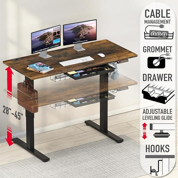 SHW 48-Inch Electric Height Adjustable Standing Desk with Drawer, Memory Preset and Cable Management Tray, Rustic Brown