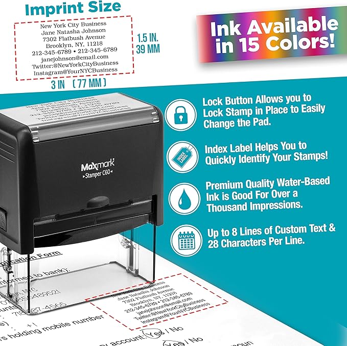 MaxMark Customized Self Inking Stamp - Up to 8 Lines of Text - XX-Large Size - Choose from 15 Ink Colors