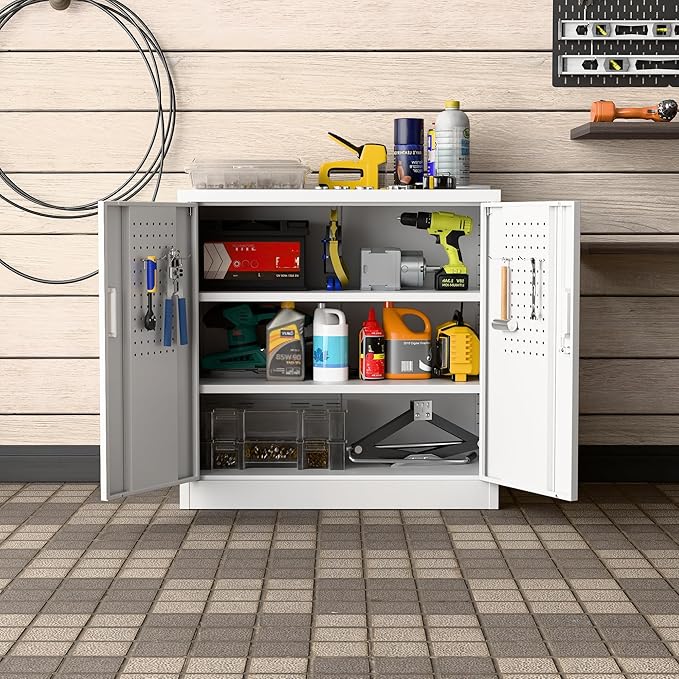 Aobabo 31.5" H Small Garage Storage Cabinet with Pegboard,Lockable File Storage Cabinet with 2 Adjustable Shelves for Garage, Office, School, Assembly Require, White