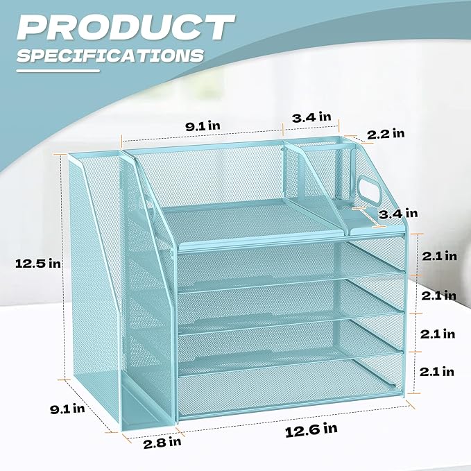 DocNest 5 Tier Paper Letter Tray File Organizer, Mesh Desk File with Handle, Workspace Desk Organizers with Pen Holder, Office Organization Storage Accessories - Blue