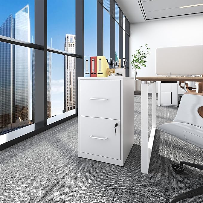 2 Drawer File Cabinet with Lock, Vertical File Cabinet with Lock, Locking File Cabinet Hanging Files for A4/ Legal/Letter,White