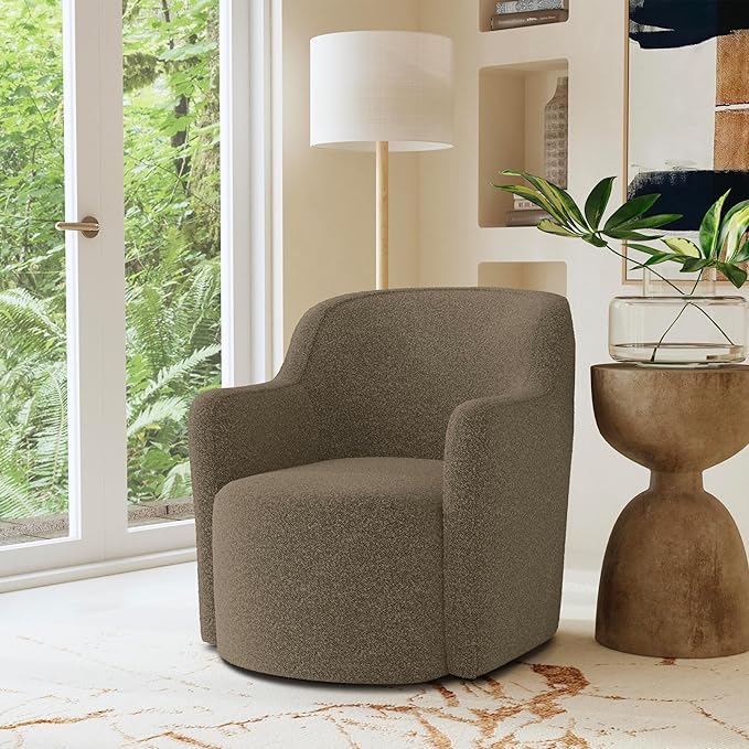 Upholstered 360° Barrel Back Swivel Chair | Accent Chairs for Living Room & Bedroom | Decorative Home Furniture, Brown Boucle