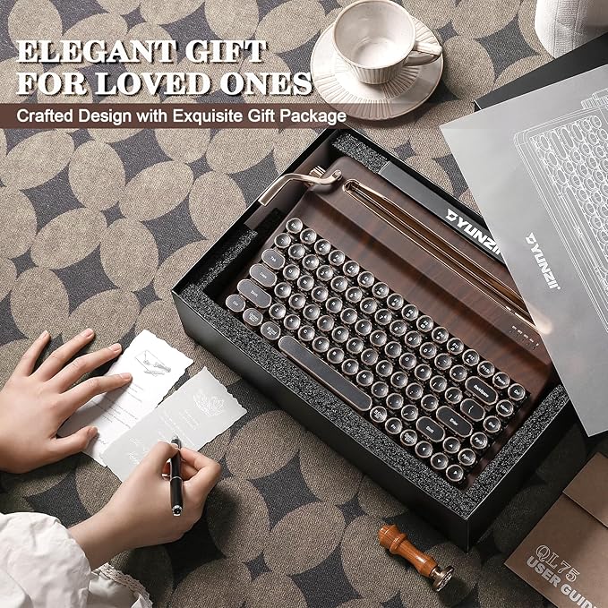 YUNZII QL75 Wireless Typewriter Hot Swap Retro Mechanical Keyboard,Punk Round Keycaps,RGB Backlit QMK/VIA Programmable, Multi-Device Keyboard with 2.4GHz/Type-C/BT5.0 (Wood, Cocoa Cream V2 Switch)