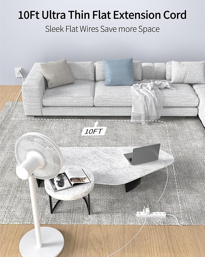 10 Ft Ultra Thin Extension Cord, 5-Outlet Power Strip Surge Protector with 4 USB Ports (2 USB C), 1875W/15A, Low Profile Flat Plug, 1700 Joules, Wall Mount for Home Office, White