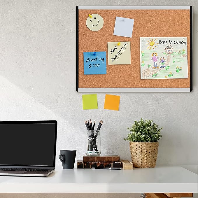 Amazon Basics Cork BulletinBoard, 23" x 17", Pin Board for Office & Home with Aluminum/Plastic Frame, 1 Pack
