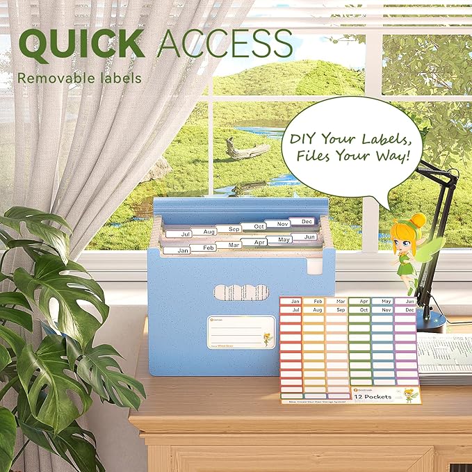 Accordion File Organizer, 12 Pockets Wheat Straw Expanding File Folder, Portable Monthly Paper Bill Tax Receipt Organizer, Letter A4 Size Document Holder,Green Office with Colorful Tab,UN Blue