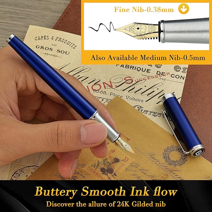 BEILUNER Luxury Fountain Pen Set,Solid 24K Gilded Fine Nib, Modern Classic Limited Edition -Includes 6 Ink Cartridges&Ink Refill Converter with Gift Case-Perfect for Men and Women(Charming blue)
