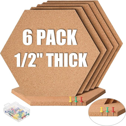 SUNGIFT Hexagon Cork Board Tiles Self Adhesive 6 Pack - 1/2" Thick Corkboards for Wall 12" x 10.2" Memo Boards Pin Board Decorative Bulletin Board for Office Home Kitchen - 50 Multi-Color Push Pins
