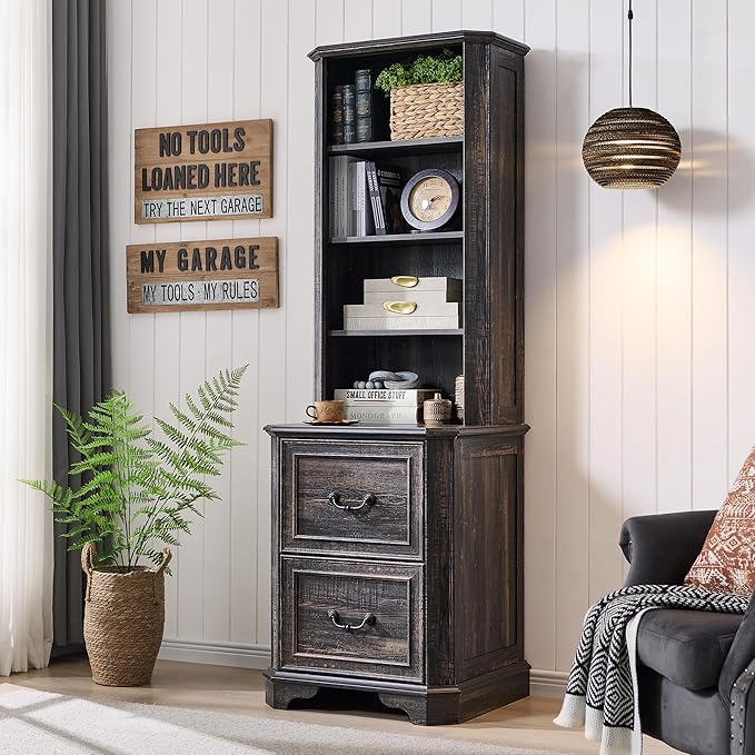 T4TREAM 6-Tier Bookcase with 2 File Drawers, 72" Tall Farmhouse Bookshelf with Storage & Adjustable Shelves, Wooden Floor Standing Display Book Shelf Organizer for Home Office, Dark Rustic Oak