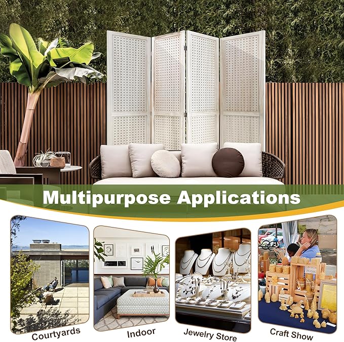 NicBex 4 Panel Pegboard Display,5.6FT Wood PegBoard Room Dividers,Folding Privacy Screens Portable Freestanding Display Board for Craft/Art Shows,Room Separation,Natural Wood