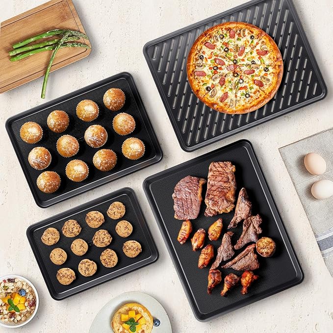4 Pack Baking Sheet Pan Set Non Stick, Carbon Steel Cookie Sheets for Baking with Wire Rack, Cooling Racks for Cooking and Baking, Thicker Ceramic Half/Quarter/Jelly Roll Baking Trays for Oven