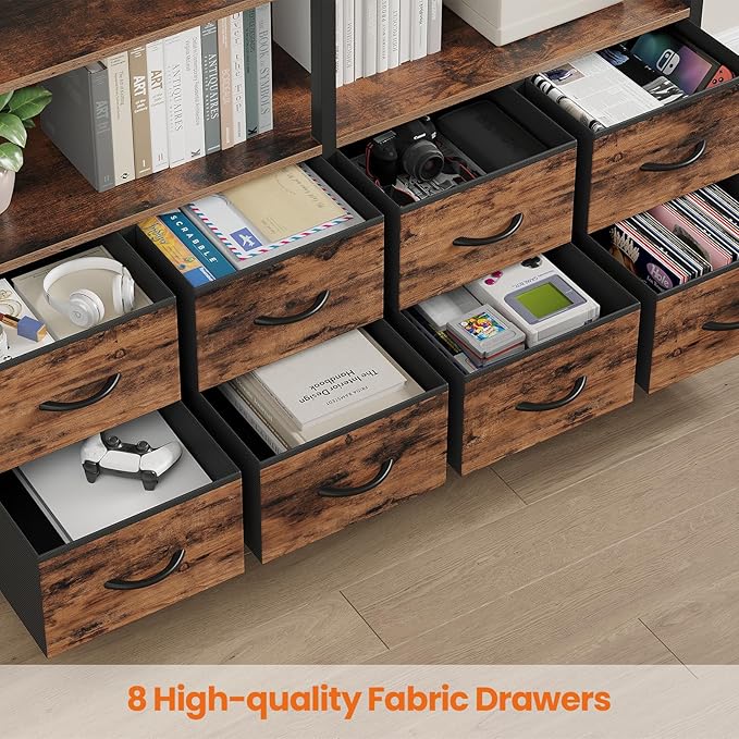 Bookshelf with 8 Fabric Drawers, 7-Tier Bookcase with Baffles Display Shelves, Industrial Large Book Shelf for Living Room Home Office, Rustic Brown