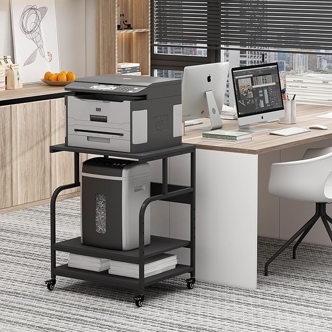 Printer Stand, 23.6 x18.9 x 30 Inches Large Printer Table with Adjustable Storage Shelf, 3 Tier Rolling Printer Cart with Wheels for Home Office, Stand for Heat Press Mini Fridge, Black