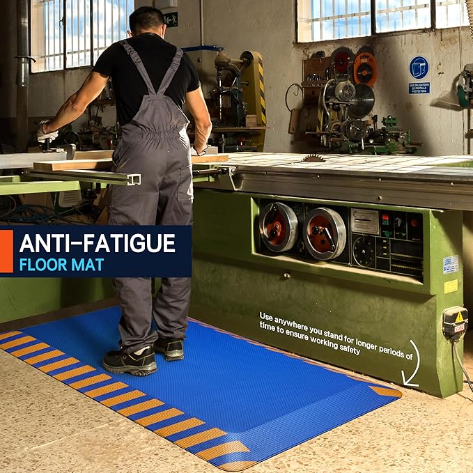 FEATOL Anti Fatigue Mat Industrial, Ergonomic Standing Floor Mat for Work for Stand, Blue with Yellow Border Safety 20" x 32"-Support for Leg & Back Pain