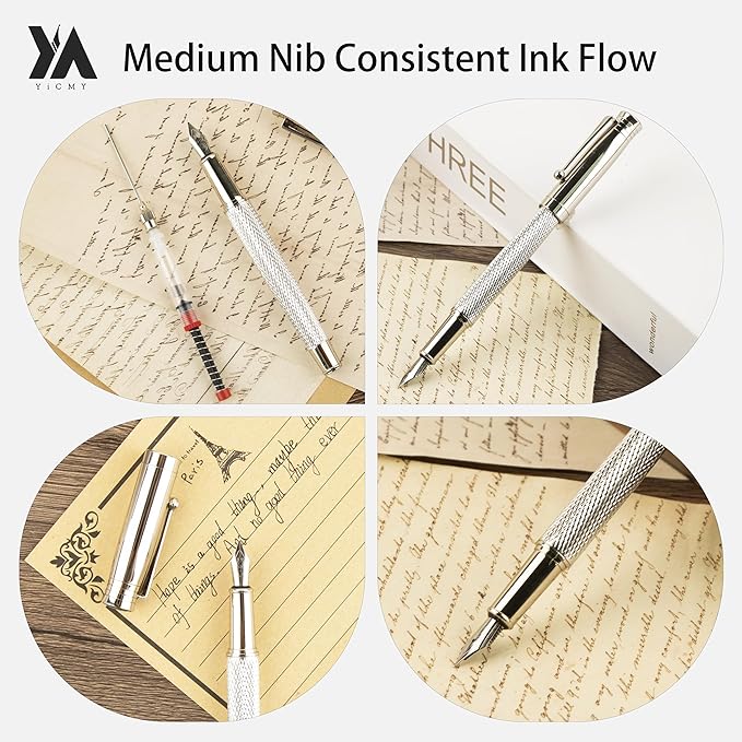 Fancy Fountain Pen Set – Fine & Medium Nibs, Includes 18 Ink Cartridges, Ink Converter, Syringe Filler, Luxury Gift for Writing, Journaling & Calligraphy,Silvery
