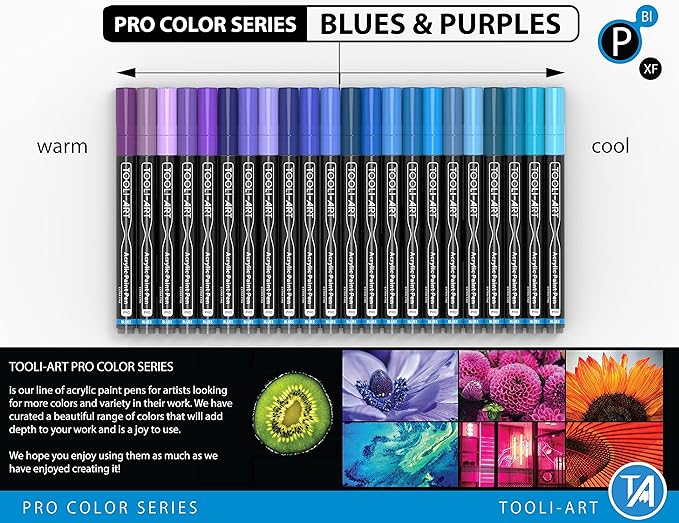 Acrylic Paint Pens 22 Blue & Purple Tones Assorted Pro Color Series Markers Set 0.7mm Extra Fine Tip for Rock Painting, Glass, Mugs, Wood, Metal, Canvas, Projects, Non Toxic, Waterbased, Quick Drying