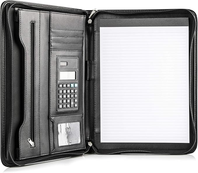 Cossini Black Superior Vegan Leather Business Portfolio with Zipper – Padfolio All-in-One. Smartest Protective 10.1 Inch Tablet Sleeve, Presentation Slot, Solar Calculator, Card Storage, Writing Pad