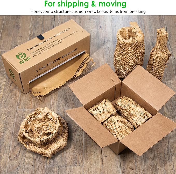 Beric Honeycomb Paper Cushioning Wrap - Packing - Shipping Supplies - Packing Paper - Boxes For Packaging - Alternative To Bubble Wrap Roll - Packing Paper For Moving - 15" X 328'
