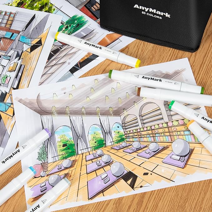 AnyMark Alcohol Markers, 60 Colors Dual Tip Art Coloring Markers Set for Kids Adult Book Drawing Sketching Painting, Chisel & Fine, White Penholder
