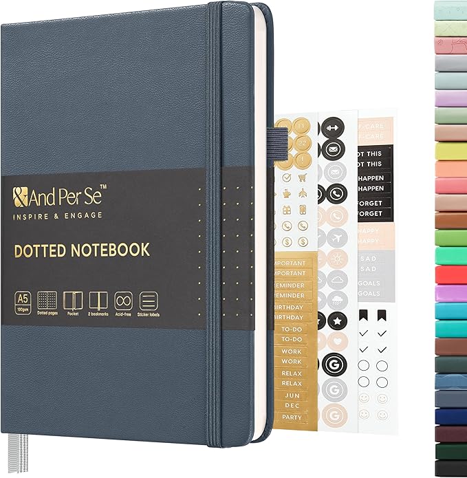 &And Per Se Dotted Journal Notebook, A5 Hardcover Bullet Dotted Journal, 160 Pages 100 gsm Thick Dotted Paper, 3 Sheets of Stickers Included - 5.7'' x 8''(Dark Blue)