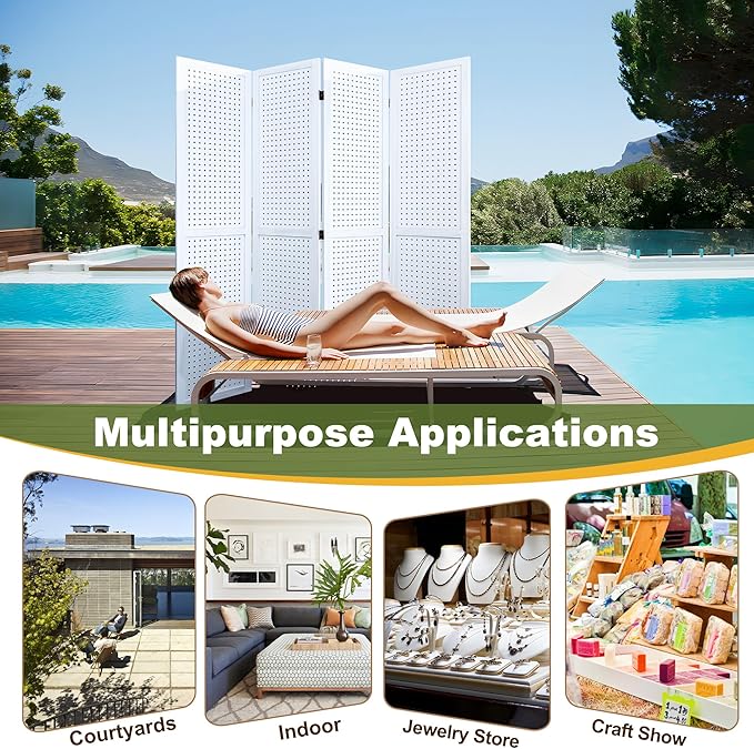 NicBex Room Divider 4 Panel Pegboard Display 5.6FT Wood PegBoard Room Dividers, Folding Privacy Screens Portable Display Board Wall Divider for Craft/Art Shows, Room Separation, White