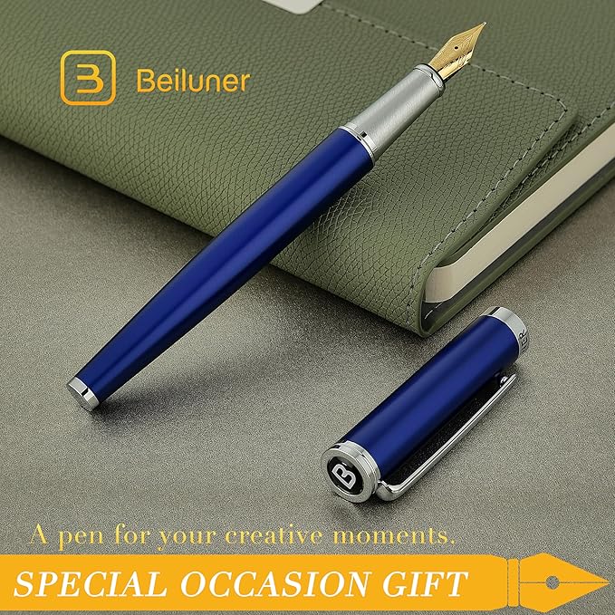 BEILUNER Luxury Fountain Pen Set,Solid 24K Gilded Fine Nib, Modern Classic Limited Edition -Includes 6 Ink Cartridges&Ink Refill Converter with Gift Case-Perfect for Men and Women(Charming blue)