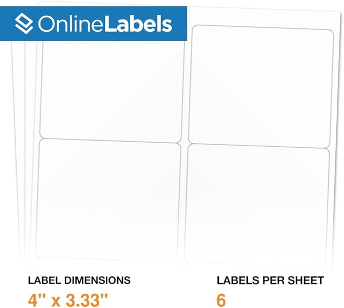 4 x 3.33 Rectangle Shipping Labels - Permanent, White Matte - Wine, Pallet Labels - 6-Up - Pack of 60,000 Labels, 10,000 Sheets - Inkjet/Laser Printers - Online Labels