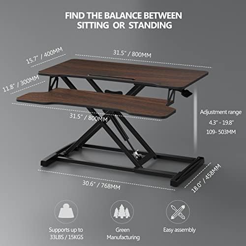 FITUEYES Height Adjustable Standing Desk 32” Wide Sit to Stand Converter Stand Up Desk Tabletop Workstation for Laptops Dual Monitor Riser Brown SD308002WE