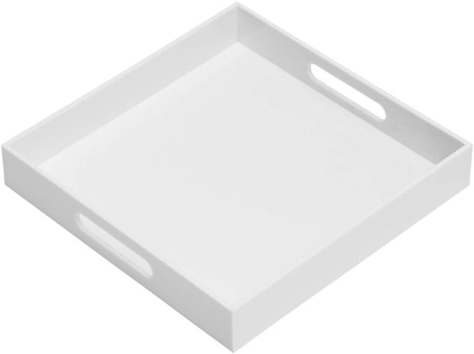 Glossy White Sturdy Acrylic Serving Tray with Handles-14x14Inch-Serving Coffee,Appetizer,Breakfast,Butler-Kitchen Countertop Tray-Makeup Drawer Organizer-Vanity Table-Ottoman Tray