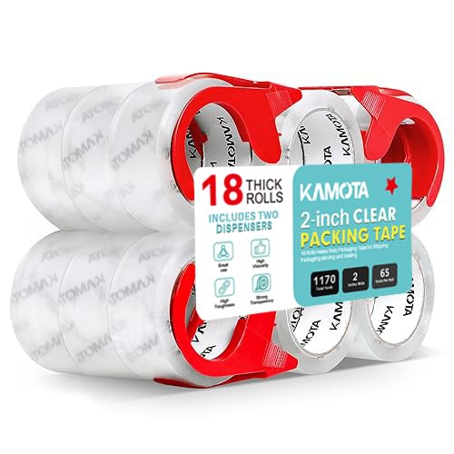 KAMOTA Packing Tape, 18 Rolls Heavy Duty Clear Packaging Tape for Shipping Packaging Moving Sealing, 2 inches Wide, 65 Yards Per Roll, Total 1170 Yards with 3 Dispensers