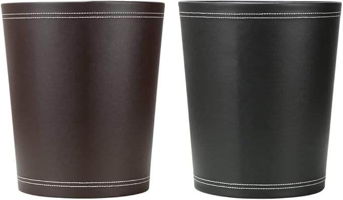 KINGFOM Classic Pu Leather Trash Can Wastebasket, Garbage Container Can for Bathrooms, Powder Rooms, Kitchens, Home, Office and and High Class Hotel Round Brown
