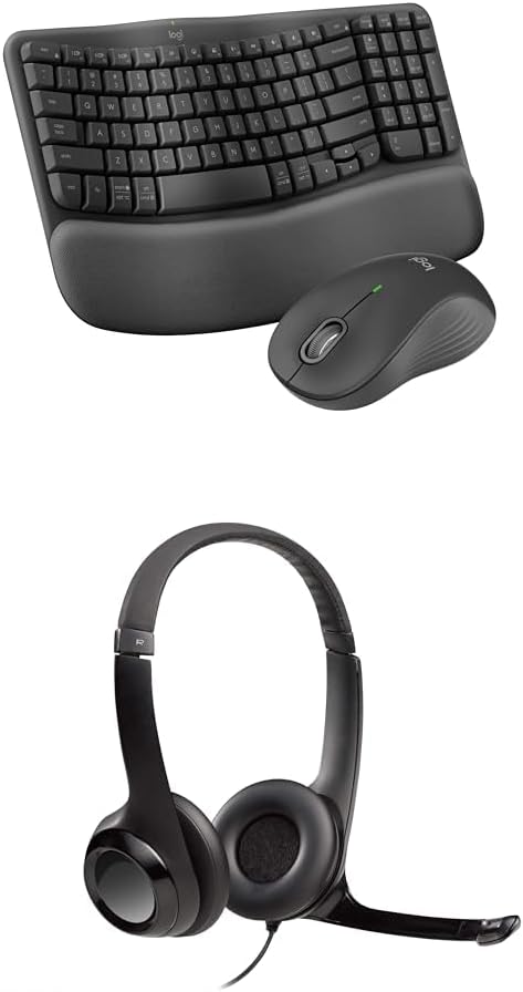 Logitech Wave Keys MK670 Combo, Wireless Ergonomic Keyboard for Multi-OS, Windows/Mac + H390 Wired Headset for PC/Laptop, Stereo Headphones with Noise Cancelling Microphone, USB, in-Line Controls