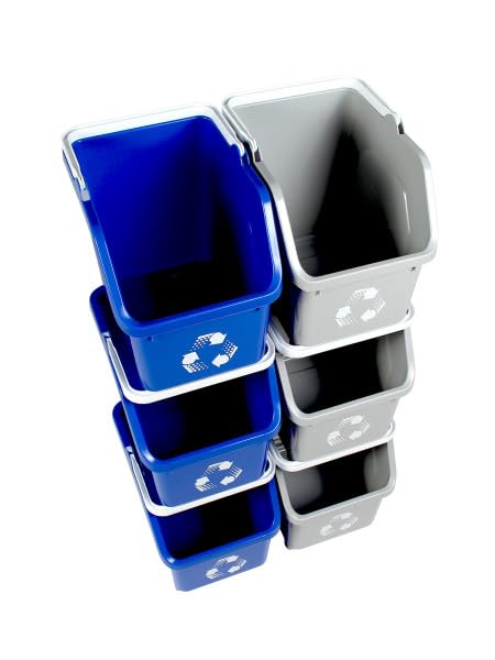 Multi Recycling System with Three Stackable 5 Gallon Bins to Build Your Recycling Center for Offices, Homes, Garages, Businesses - (6 Pack, Blue/Grey)