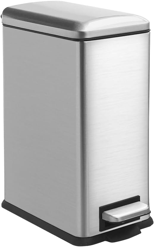 Bathroom Trash Can, 10L/2.6 Gallon Stainless Steel Step Slim Garbage Can, Pedal Trash Bin with Removable Liner Bucket, Soft Close Lid, Rectangle Trash Bin for Office, Kitchen, Bedroom