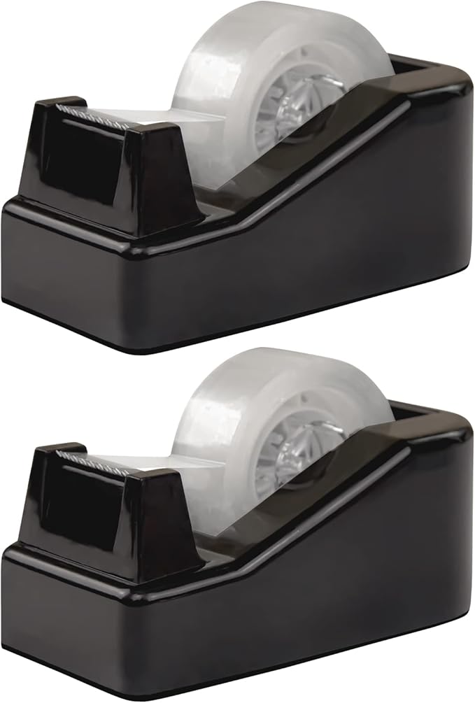 2Pcs Desktop Tape Dispenser Adhesive Roll Holder with Weighted Nonskid Base, Black (Tape not Included)