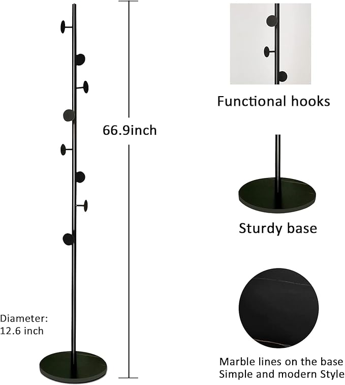 Coat Tree Freestanding, Metal Coat Rack Tree with 8 Hooks, Free Standing Hanger for Hats Scarves Purses Umbrellas, Coat Stands with Stable Base for Entryway Bedroom, Black