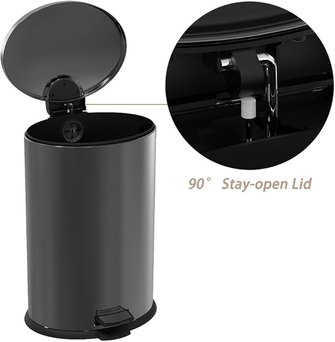 Trash Can with Lid - Assembled in USA 40 Liter/10.5 Gallon Stainless Steel Trash Can with Odor Protection Kitchen Garbage cans with Soft-Close Foot Pedal for Bathroom Home Office, Black